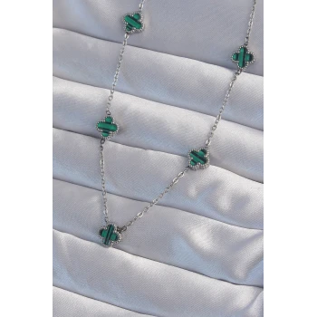 316L Çelik Gümüş Renk Minimal Yeşil Mineli Yonca Kolye