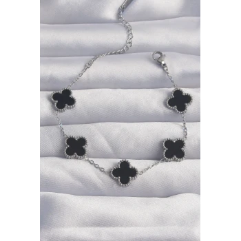 316L Çelik Gümüş Renk Siyah Mineli Yonca Bileklik