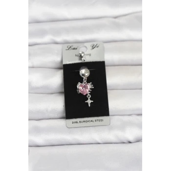 316L Cerrahi Çelik Pembe Zirkon Taşlı Model Göbek Piercing