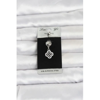 316L Cerrahi Çelik Zirkon Taşlı Sallantılı Yonca Model Göbek Piercing