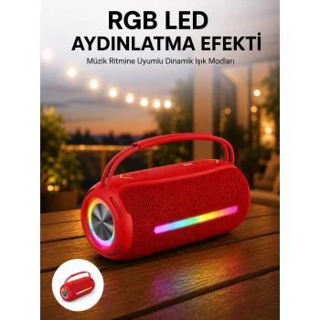 360 RGB LEDli Taşınabilir Bluetooth Hoparlör – Kırmızı, USB/TF Destekli