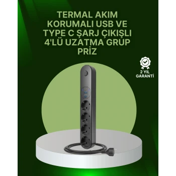 4 Priz 2 USB 1 Type-C Akım Korumalı Çoklu Priz Led Anahtarlı