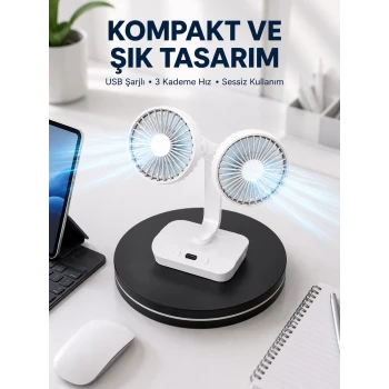 720° Döner Çift Taraflı Masaüstü Vantilatör – USB Şarjlı Sessiz Fan