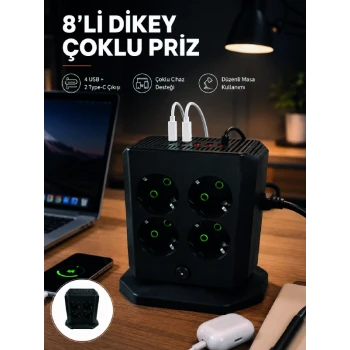 8li Dikey Çoklu Priz 4 USB 2 Type-C Girişli Akım Korumalı Uzatma Prizi