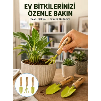 Ahşap Saplı Mini Bahçe El Aleti Seti Saksı ve Çiçek Bakım Seti