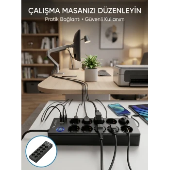 Akım Korumalı 10lu Çoklu Priz USB-A ve Type-C Şarj Çıkışlı