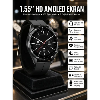 Amoled Ekran 3 Kordonlu Akıllı Saat 5.0 Bluetooth Bağlantılı Android ve İOS Uyumlu
