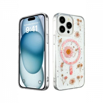 Apple iPhone 14 Pro Max Kılıf Daisy Simli Magsafe Kapak - Pembe
