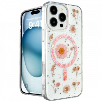 Apple iPhone 16 Pro Max Kılıf Daisy Simli Magsafe Kapak - Pembe