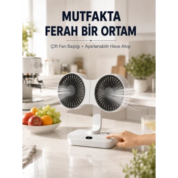 Ayarlanabilir Çift Fan Başlıklı Şarjlı Masa Vantilatörü