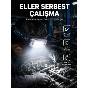 Beyaz Led Işık Sensörlü Kafa Lambası Lityum Batarya Led El Fenerli Şarjlı