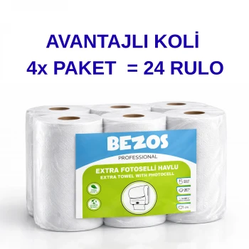 Bezos Professional Fotoselli Havlu 24 Rulo – 2 Katlı %100 Selüloz 21 cm Endüstriyel Kağıt Havlu 4X6 Rulo