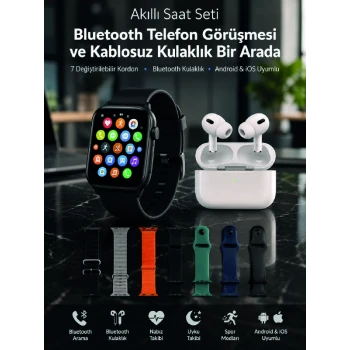 Bluetooth Telefon Görüşmeli Akıllı Saat Seti Kablosuz Bluetooth Kulaklık 7 Değiştirilebilir Kordon