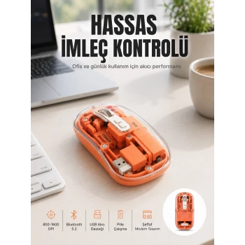 Bluetooth ve USB Destekli Kablosuz Şeffaf Mouse Sessiz Kullanım Yeni Nesil