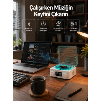 Dekoratif Gece Işıklı Bluetooth Hoparlör – Zaman ve Pil Ekranlı