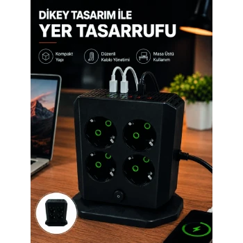 Dikey Priz Kulesi 8 AC Priz 4 USB 2 Type-C Çocuk Korumalı Güç Dağıtıcı