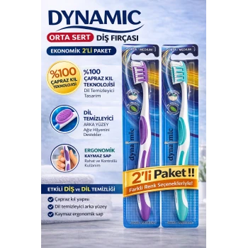 Dynamic Orta Sert Diş Fırçası 2 Adet Medium Çapraz Kıl Teknolojili Dil Temizleyicili Ergonomik Saplı Diş Fırçası