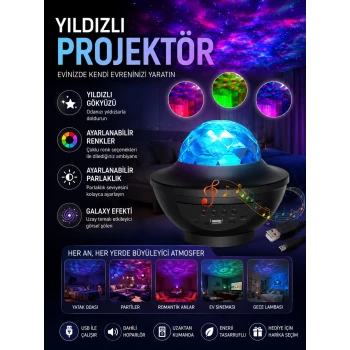 Galaxy Efektli LED Gece Lambası Projektörü Bluetooth Bağlantılı