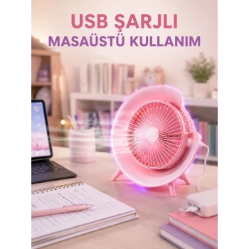 Gece Lambası Özellikli Şarjlı Mini Masaüstü Fan