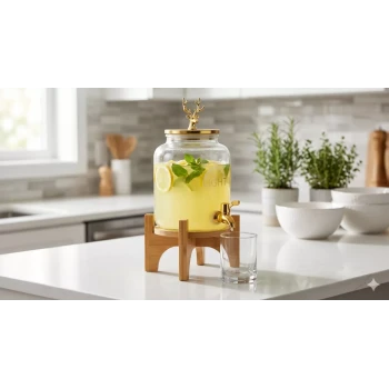 Geyik Figürlü Gold Lüks Cam İçecek Sebili - 3.6 Litre Bambu Standlı Meyve Suyu Kovası