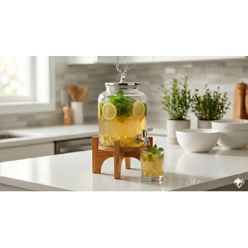 Geyik Figürlü Gümüş Lüks Cam İçecek Sebili - 3.6 Litre Bambu Standlı Meyve Suyu Kovası