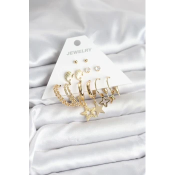 Gold Renk Yıldızlı Set 6 Çift Kadın Küpe Seti