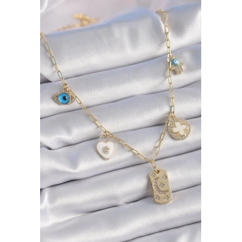 Gold Renk Zirkon Taşlı Çoklu Figür Model Şans Kolyesi