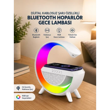 Google Dijital Kablosuz Şarj Özellikli Bluetooth Hoparlör Gece Lambası