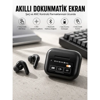 Kablosuz Bluetooth Kulaklık Ekranlı Uzun Şarj Süreli ANC Destekli