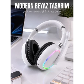 Kablosuz Bluetooth Mikrofonlu Beyaz Kulaklık RGB Işıklı