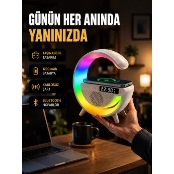 Kablosuz Şarjlı LED Masa Lambası Çalar Saat ve Beyaz Gürültü Özellikli