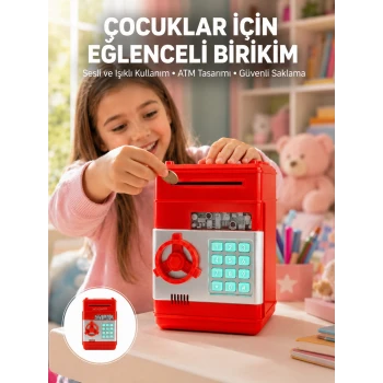 Kırmızı ATM Kasa Tipi Para Biriktirme Kumbarası