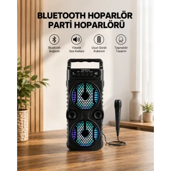LED Işıklı Bluetoothlu Hoparlör Mikrofonlu Taşınabilir Ses Sistemi