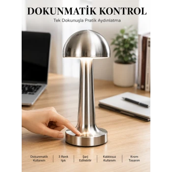 Mantar Masa Lambası Dokunmatik 3 Renk Işık Şarjlı Kablosuz Modern Krom Tasarım Yeni Nesil