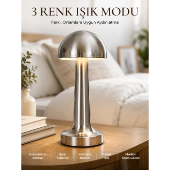 Modern Mantar Masa Lambası Dokunmatik 3 Işık Modlu Şarjlı Kablosuz LED Yeni Nesil