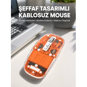 Mouse Fare Kablosuz Mouse Fare Şarjlı Bluetooth Sessiz 5 Tuşlu Şeffaf