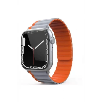 Movenchy Apple Watch 42mm MO-WB1 Çift Renk Mıknatıslı Silikon Kordon - Gri-Turuncu