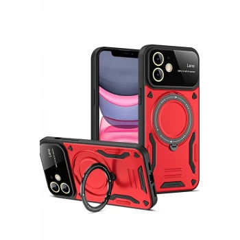 Newface Apple iPhone 11 Kılıf Joy Lens Standlı Kapak - Kırmızı