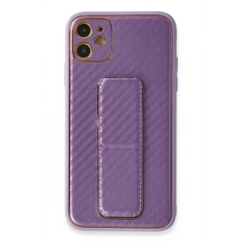 Newface Apple iPhone 12 Kılıf Coco Karbon Standlı Kapak - Mor