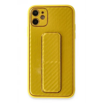 Newface Apple iPhone 12 Kılıf Coco Karbon Standlı Kapak - Sarı