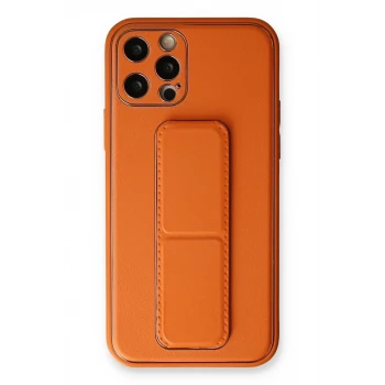 Newface Apple iPhone 12 Pro Kılıf Coco Deri Standlı Kapak - Turuncu