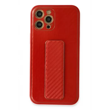 Newface Apple iPhone 12 Pro Kılıf Coco Karbon Standlı Kapak - Kırmızı