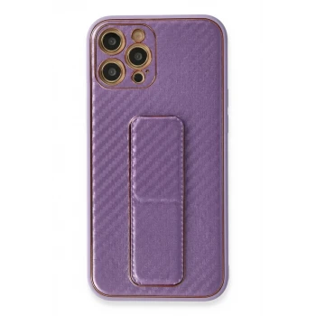Newface Apple iPhone 12 Pro Kılıf Coco Karbon Standlı Kapak - Mor