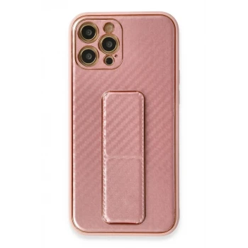 Newface Apple iPhone 12 Pro Kılıf Coco Karbon Standlı Kapak - Pembe