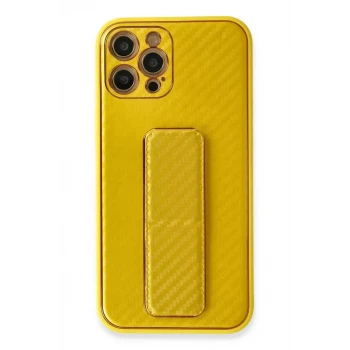 Newface Apple iPhone 12 Pro Kılıf Coco Karbon Standlı Kapak - Sarı