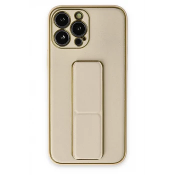 Newface Apple iPhone 13 Pro Kılıf Coco Deri Standlı Kapak - Gold