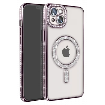 Newface Apple iPhone 15 Kılıf Joke Simli Magneticsafe Kılıf - Derin Mor
