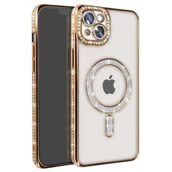 Newface Apple iPhone 15 Kılıf Joke Simli Magneticsafe Kılıf - Gold