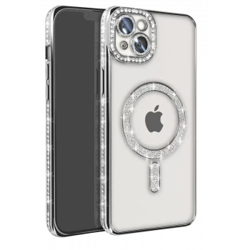 Newface Apple iPhone 15 Kılıf Joke Simli Magneticsafe Kılıf - Gümüş