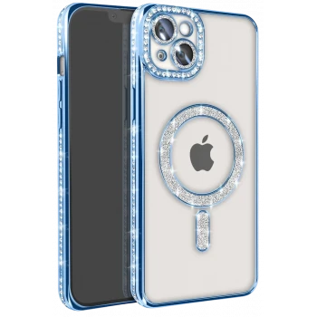 Newface Apple iPhone 15 Kılıf Joke Simli Magneticsafe Kılıf - Mavi
